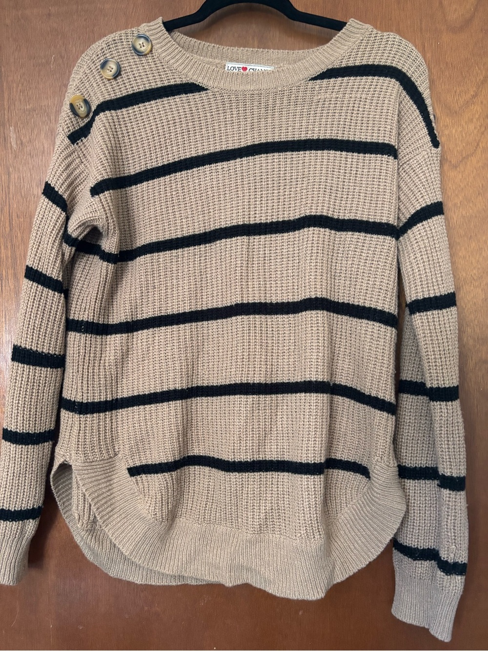 Button-Shoulder Striped Tan Sweater